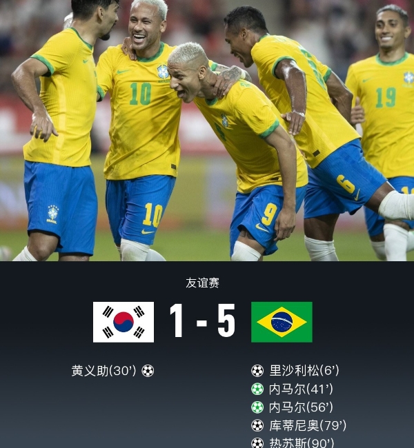 韩国巴西友谊赛，韩国 1-5 巴西